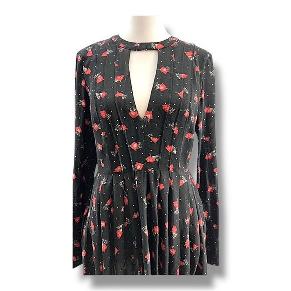FREE PEOPLE🎄Black with Red Floral white dots keyhole front & back Long Sl SZ SP - Picture 6 of 9